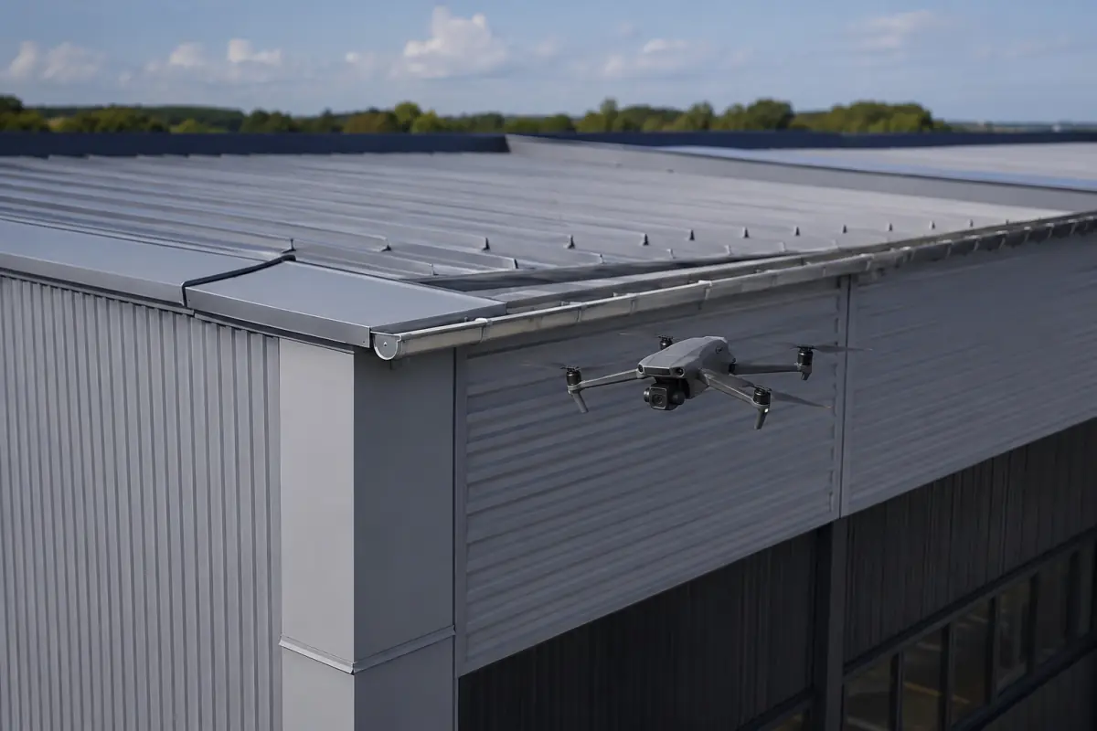 Drone caméra près de la toiture et du bardage d’un bâtiment industriel