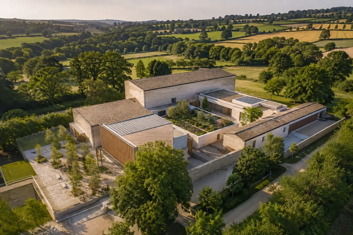 Vue aérienne d’un ensemble architectural dans un paysage de campagne