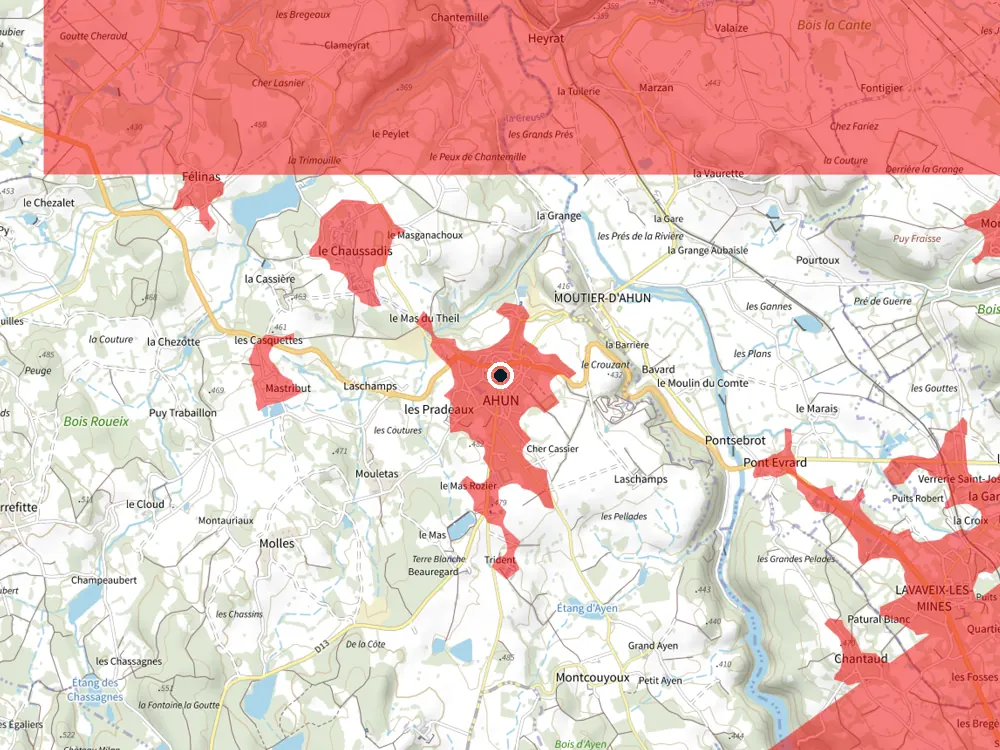 Carte des restrictions de vol pour les drones autour de Ahun