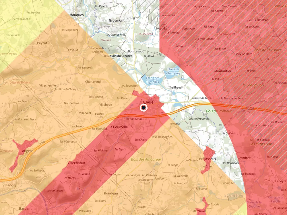 Carte des restrictions de vol pour les drones autour de Ajain