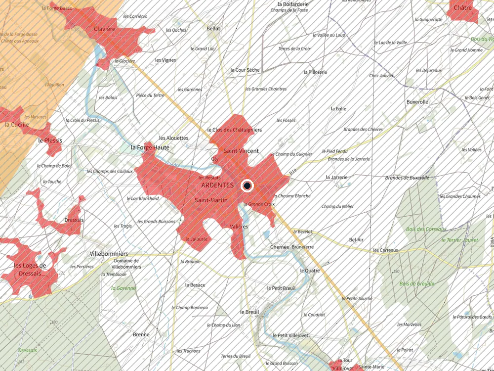 Carte des restrictions de vol pour les drones autour de Ardentes