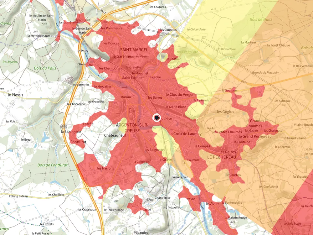 Carte des restrictions de vol pour les drones autour de Argenton-sur-Creuse
