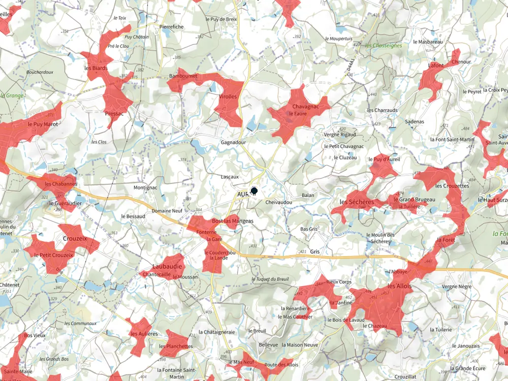 Carte des restrictions de vol pour les drones autour de Aureil
