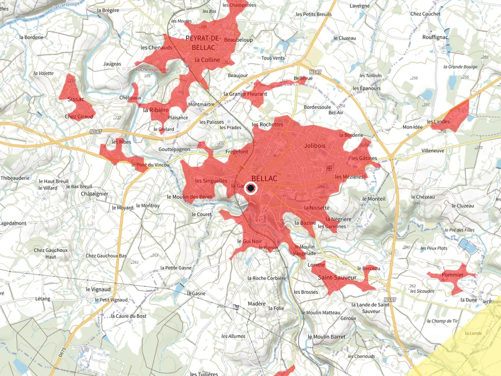 Carte des restrictions de vol pour les drones autour de Bellac
