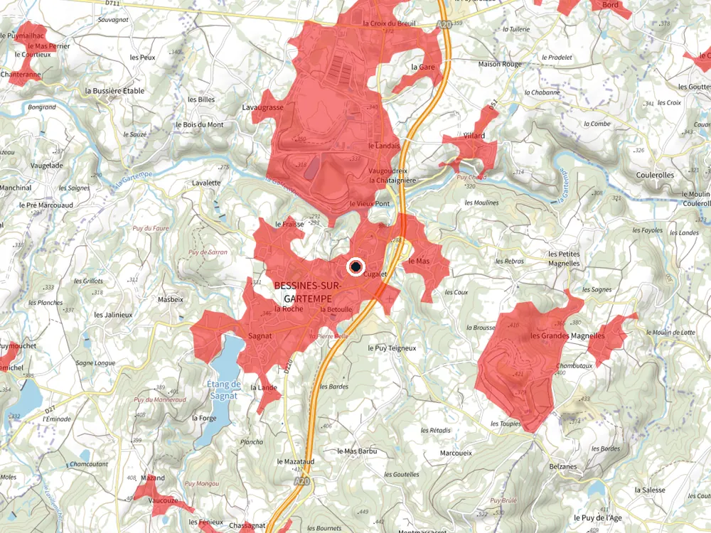 Carte des restrictions de vol pour les drones autour de Bessines-sur-Gartempe