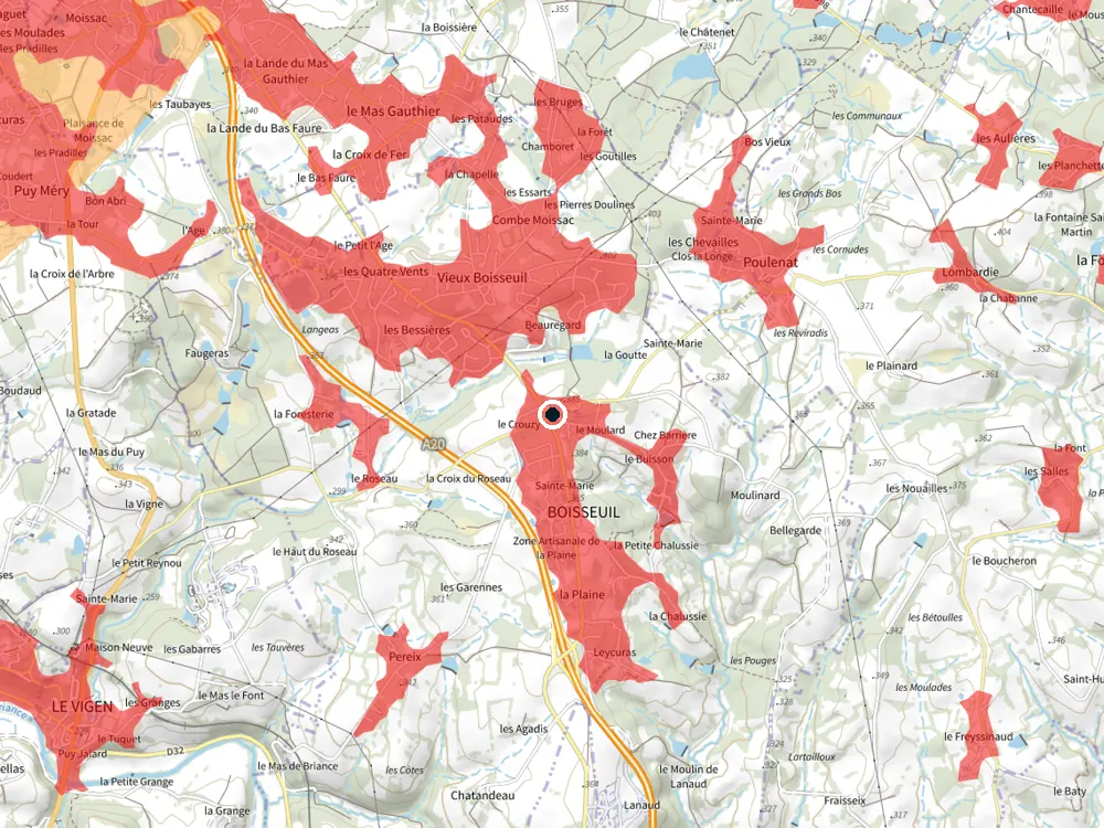 Carte des restrictions de vol pour les drones autour de Boisseuil