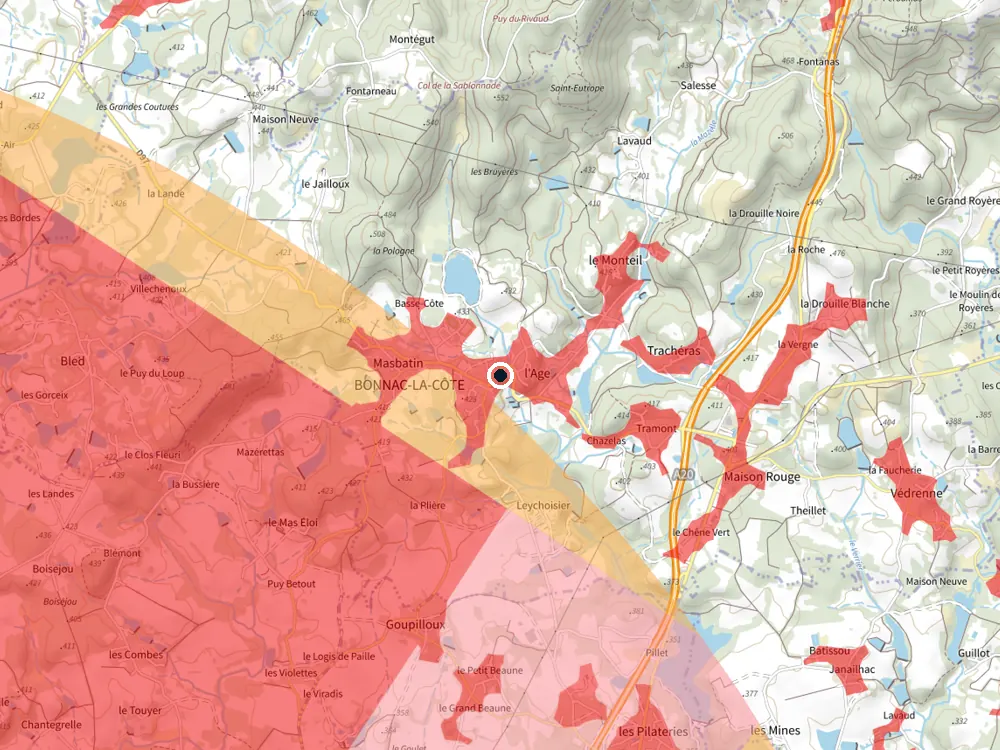 Carte des restrictions de vol pour les drones autour de Bonnac-la-Côte