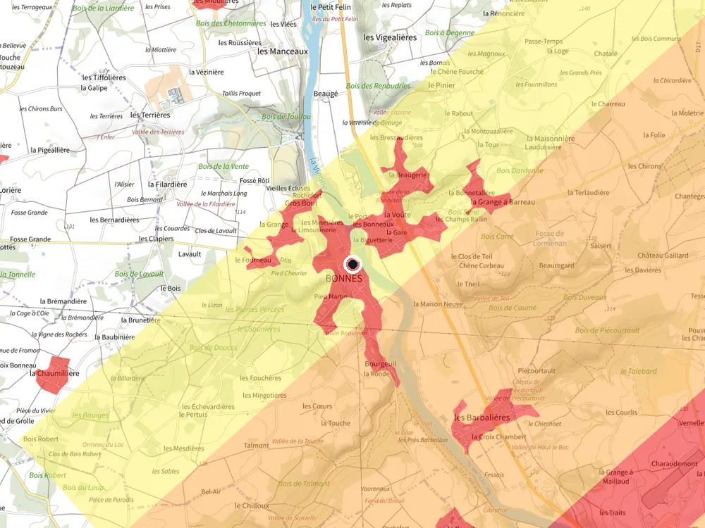 Carte des restrictions de vol pour les drones autour de Bonnes