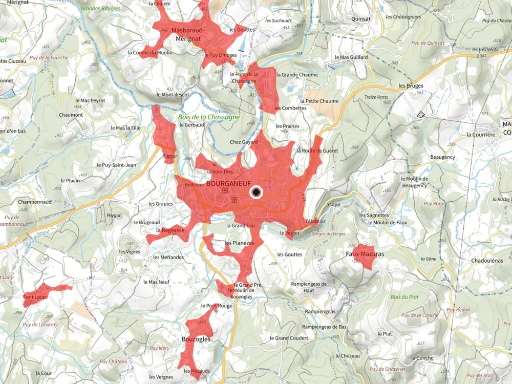 Carte des restrictions de vol pour les drones autour de Bourganeuf