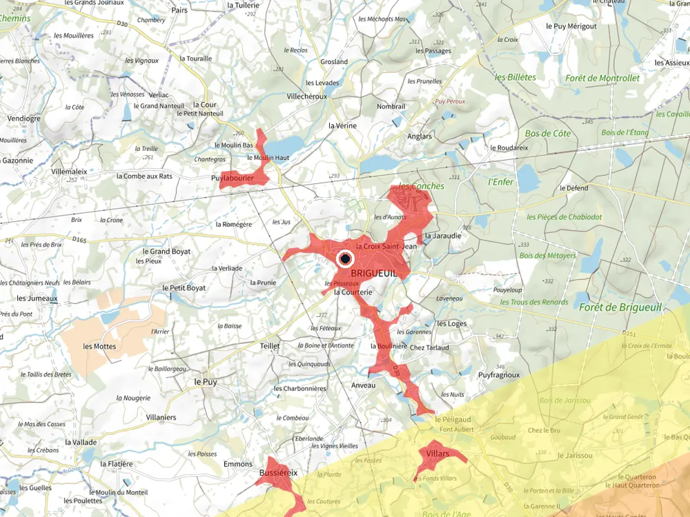 Carte des restrictions de vol pour les drones autour de Brigueuil