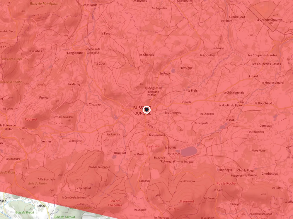 Carte des restrictions de vol pour les drones autour de Bussière-Dunoise