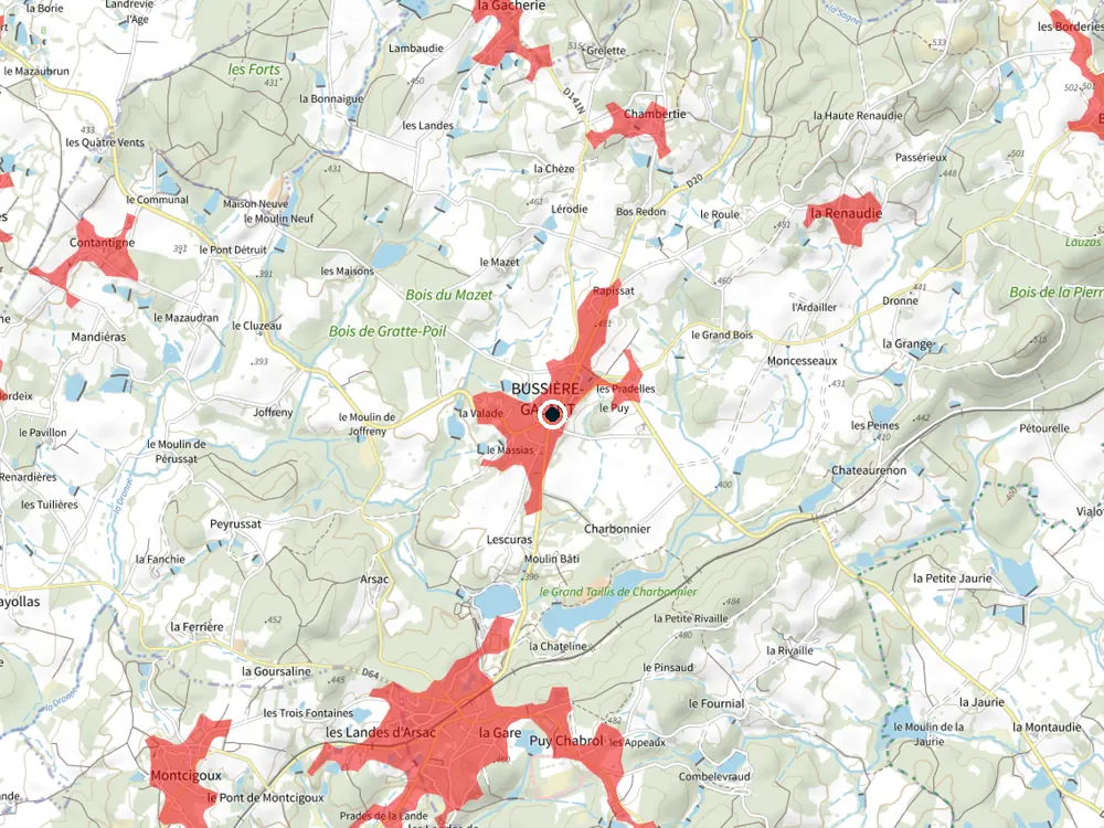 Carte des restrictions de vol pour les drones autour de Bussière-Galant