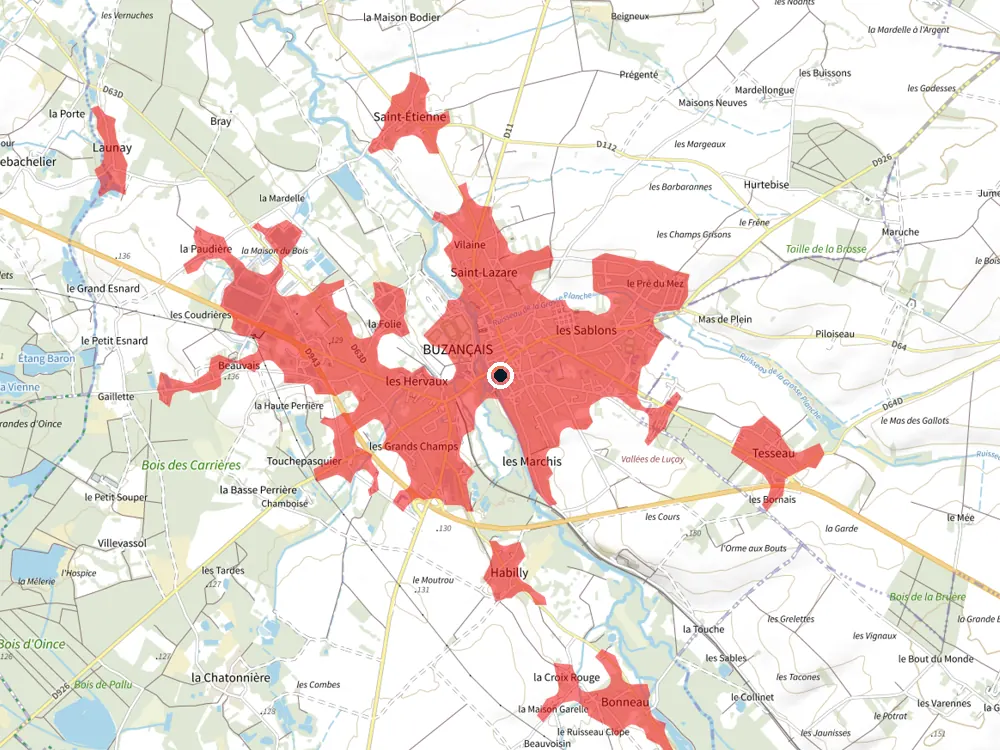 Carte des restrictions de vol pour les drones autour de Buzançais