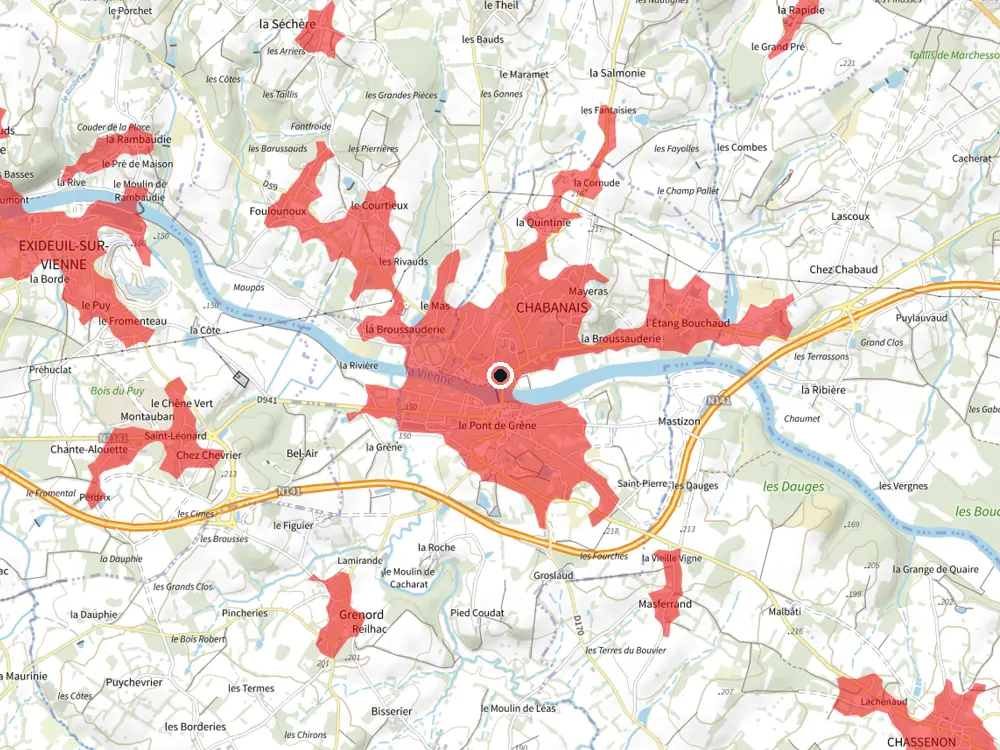 Carte des restrictions de vol pour les drones autour de Chabanais