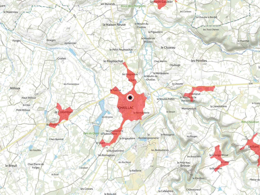 Carte des restrictions de vol pour les drones autour de Chaillac