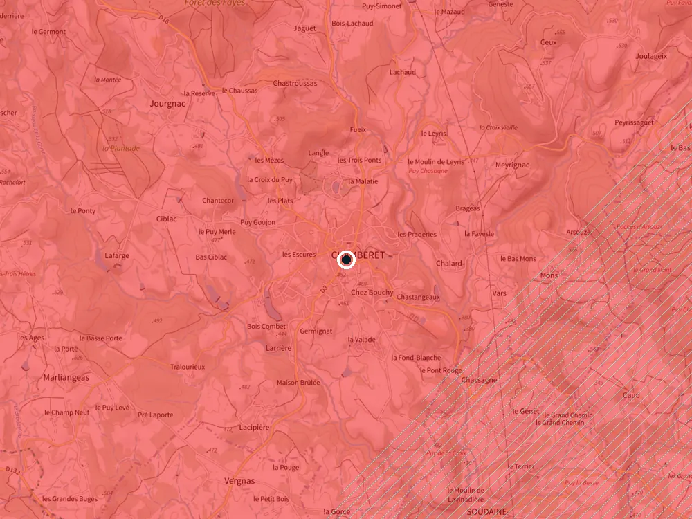 Carte des restrictions de vol pour les drones autour de Chamberet
