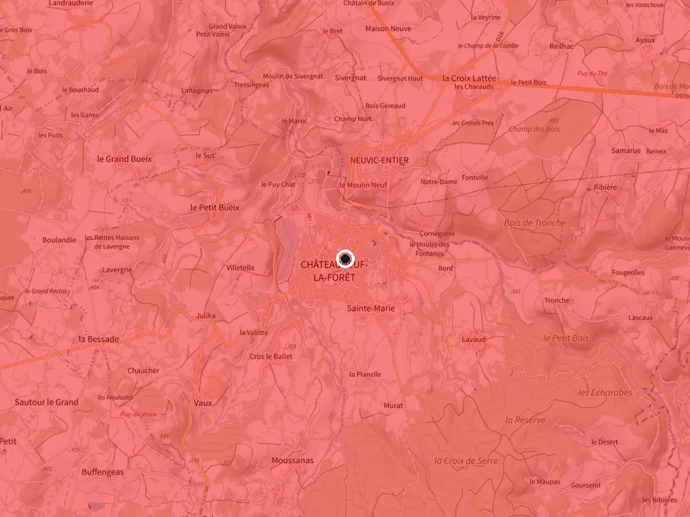 Carte des restrictions de vol pour les drones autour de Châteauneuf-la-Forêt