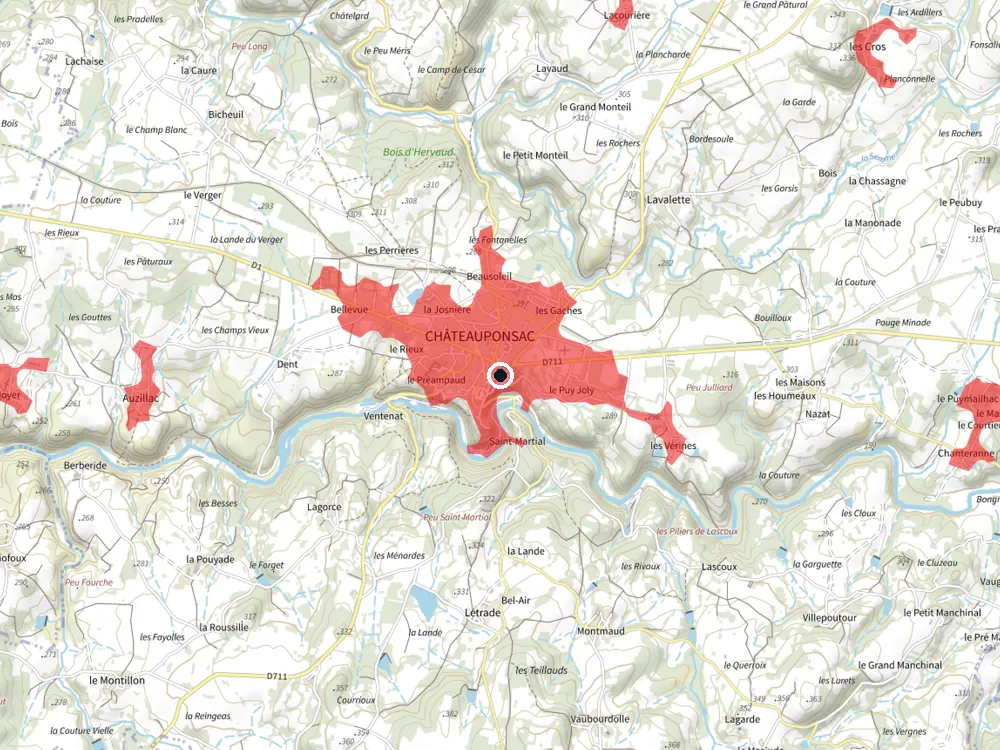 Carte des restrictions de vol pour les drones autour de Châteauponsac