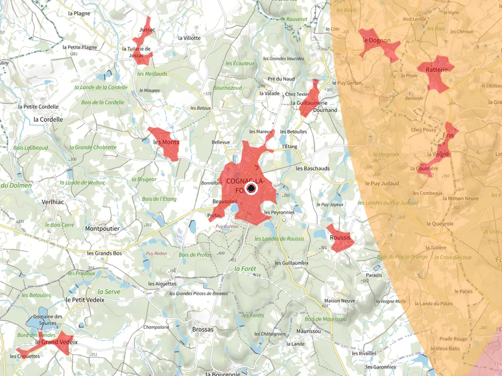 Carte des restrictions de vol pour les drones autour de Cognac-la-Forêt