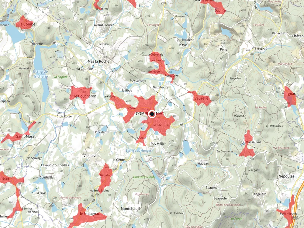Carte des restrictions de vol pour les drones autour de Compreignac