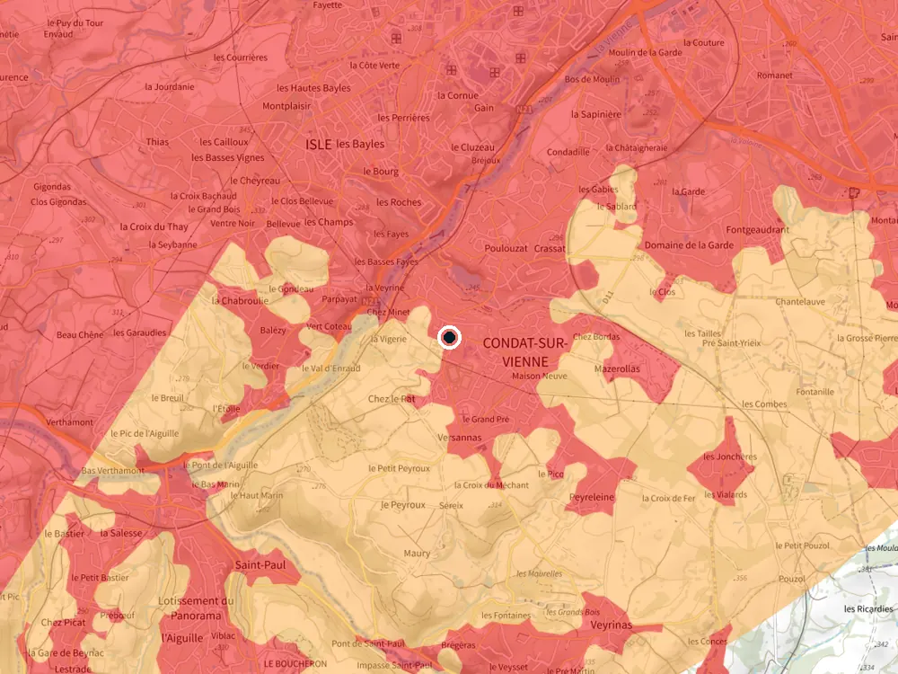 Carte des restrictions de vol pour les drones autour de Condat-sur-Vienne