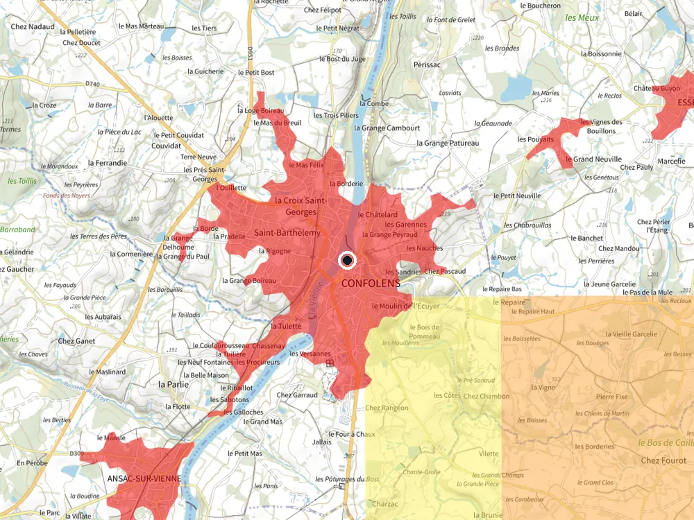 Carte des restrictions de vol pour les drones autour de Confolens