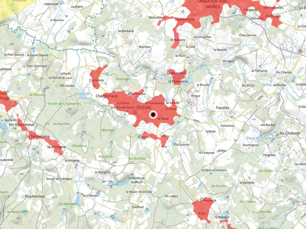 Carte des restrictions de vol pour les drones autour de Cussac
