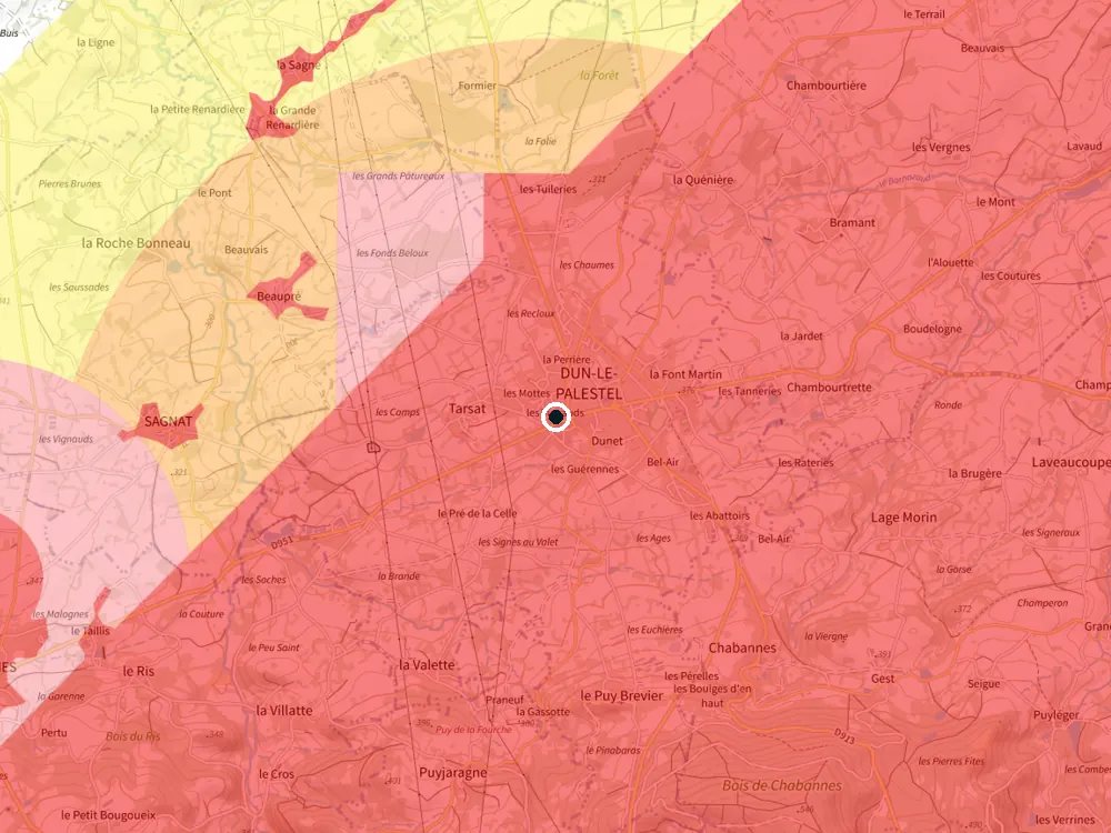 Carte des restrictions de vol pour les drones autour de Dun-le-Palestel