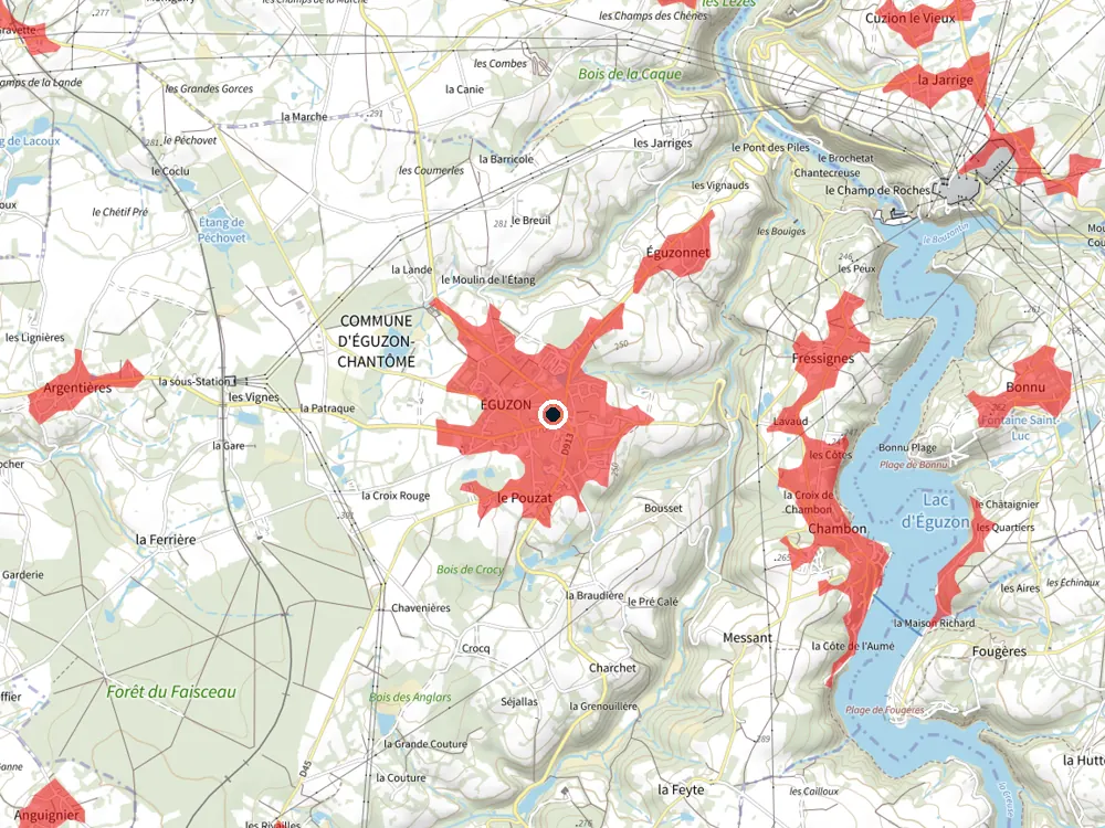 Carte des restrictions de vol pour les drones autour de Éguzon-Chantôme