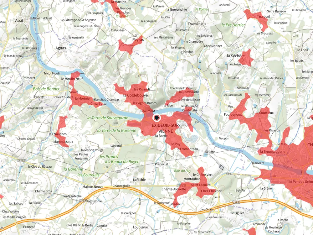 Carte des restrictions de vol pour les drones autour de Exideuil-sur-Vienne