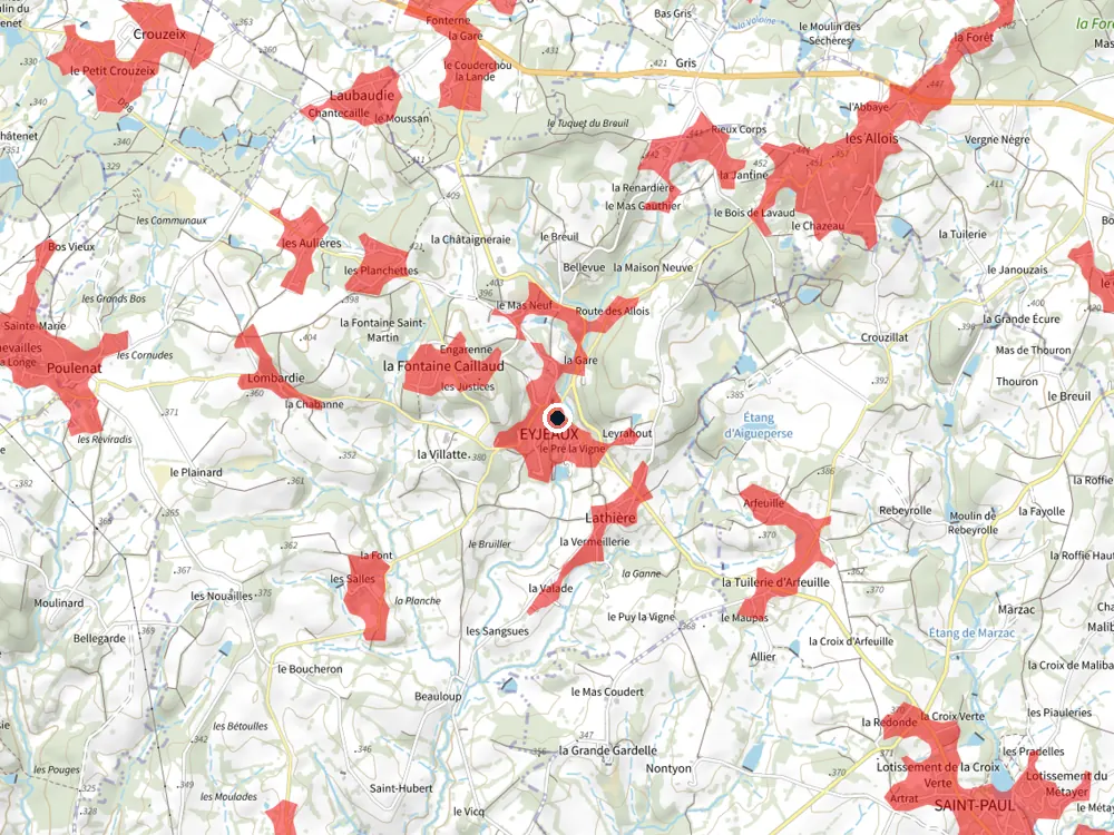 Carte des restrictions de vol pour les drones autour de Eyjeaux