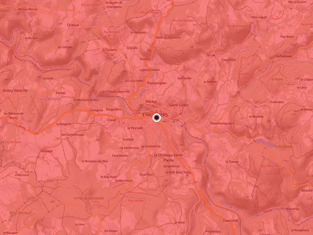 Carte des restrictions de vol pour les drones autour de Eymoutiers