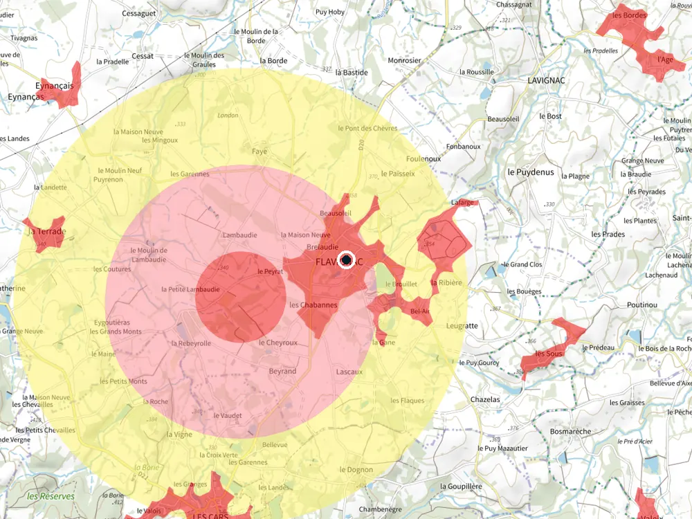 Carte des restrictions de vol pour les drones autour de Flavignac