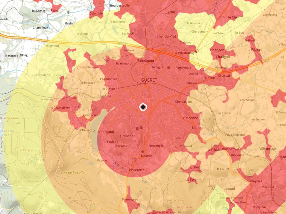 Carte des restrictions de vol pour les drones autour de Guéret