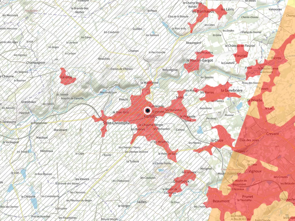 Carte des restrictions de vol pour les drones autour de Huriel