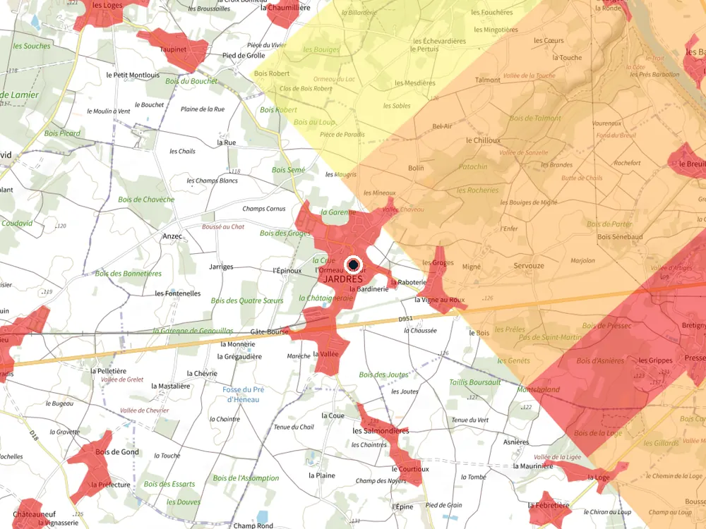 Carte des restrictions de vol pour les drones autour de Jardres