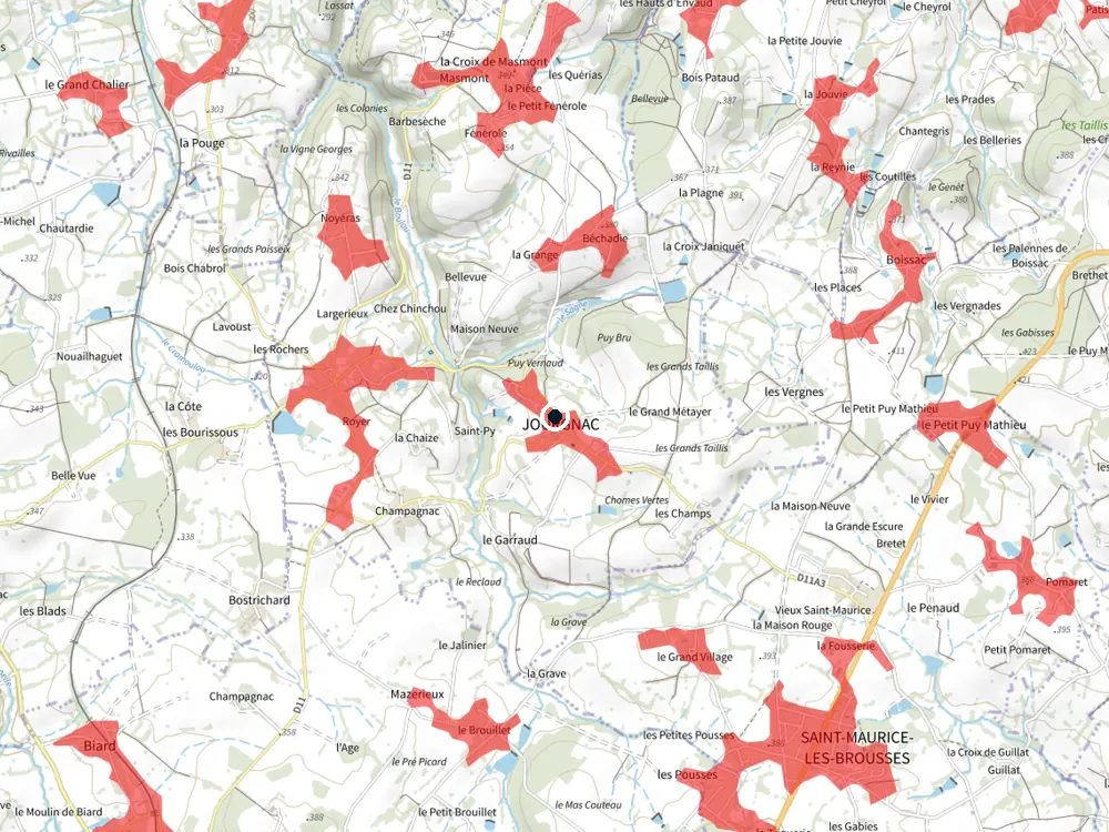 Carte des restrictions de vol pour les drones autour de Jourgnac