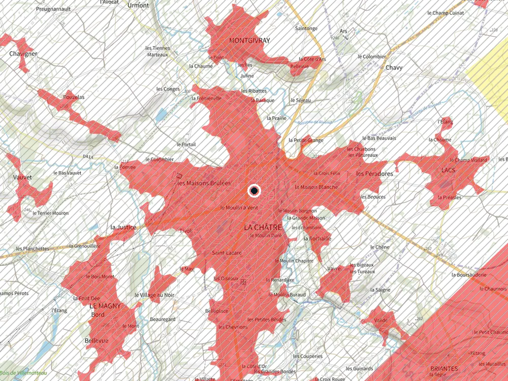 Carte des restrictions de vol pour les drones autour de La Châtre