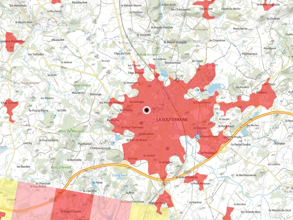 Carte des restrictions de vol pour les drones autour de La Souterraine