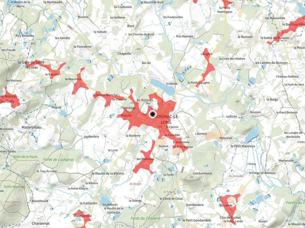 Carte des restrictions de vol pour les drones autour de Ladignac-le-Long