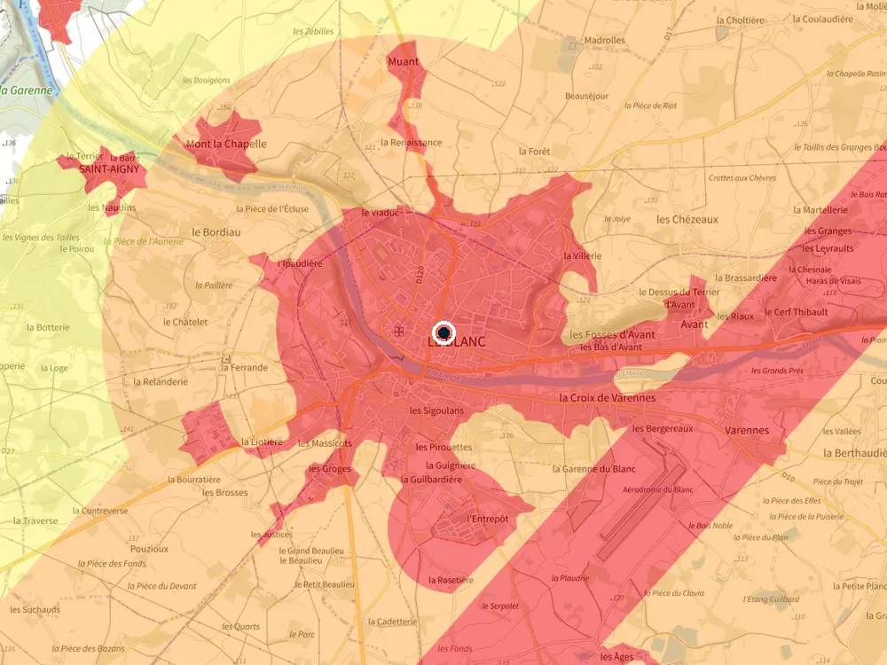 Carte des restrictions de vol pour les drones autour de Le Blanc