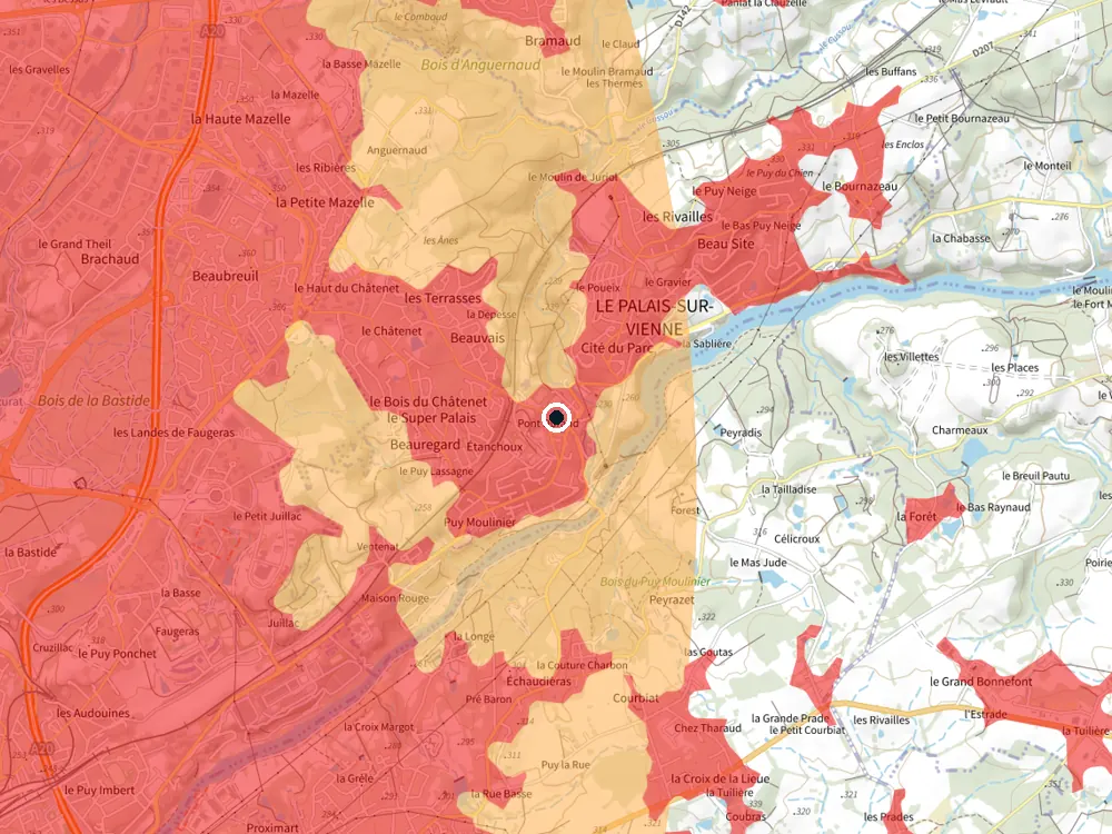 Carte des restrictions de vol pour les drones autour de Le Palais-sur-Vienne