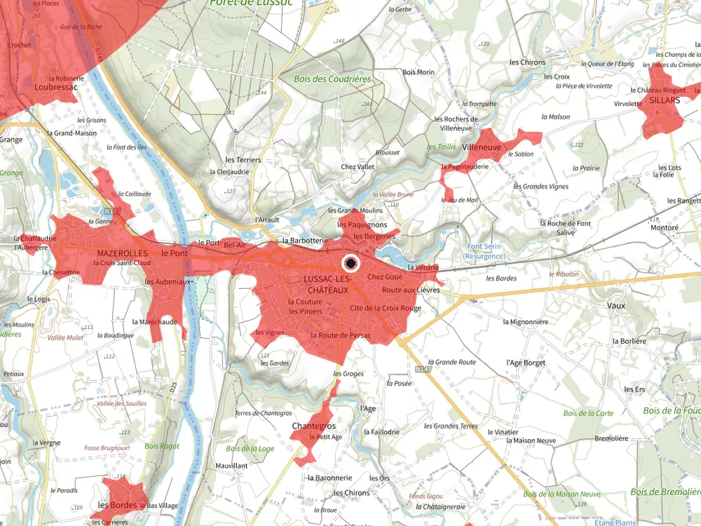 Carte des restrictions de vol pour les drones autour de Lussac-les-Châteaux