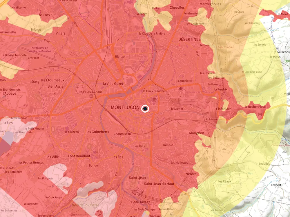 Carte des restrictions de vol pour les drones autour de Montluçon