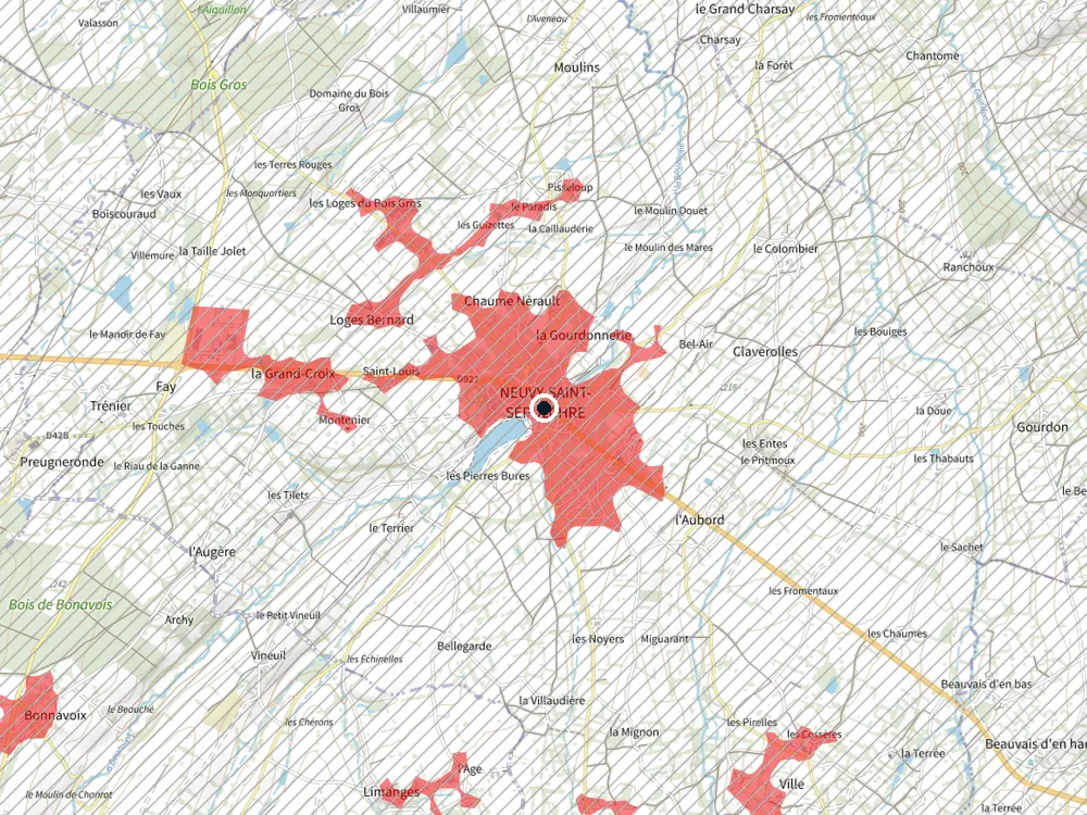 Carte des restrictions de vol pour les drones autour de Neuvy-Saint-Sépulchre