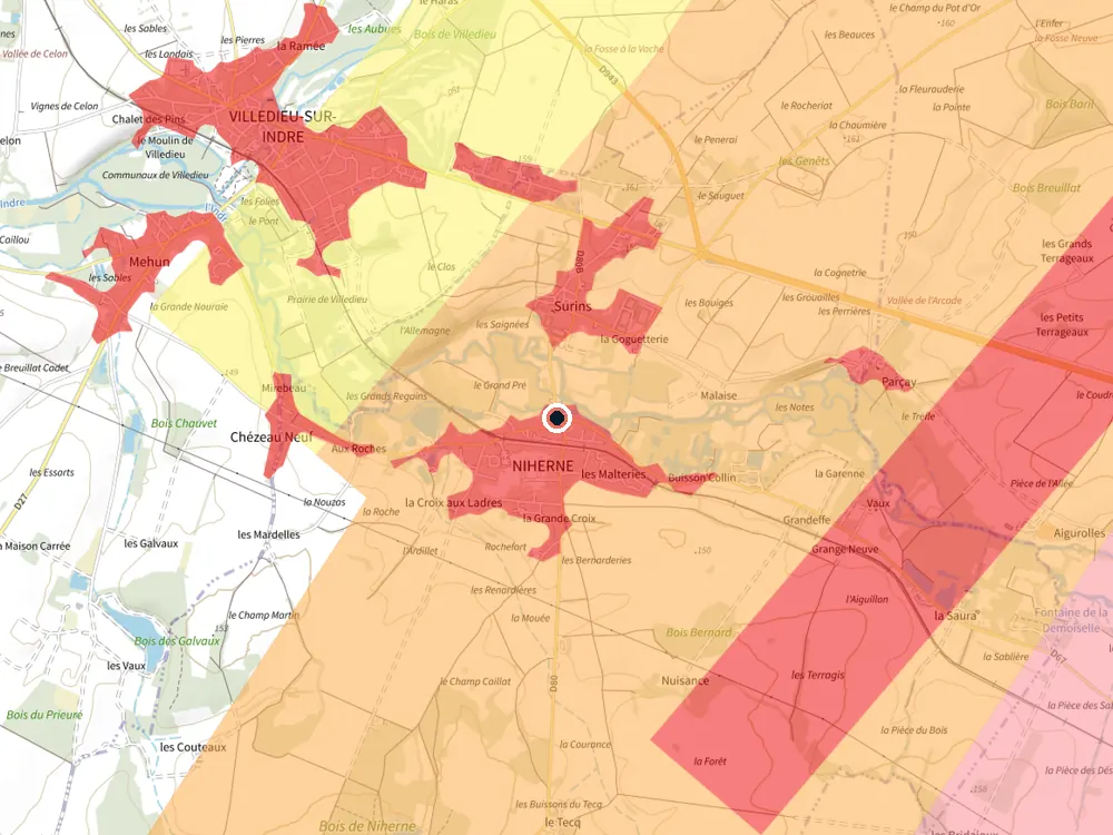 Carte des restrictions de vol pour les drones autour de Niherne