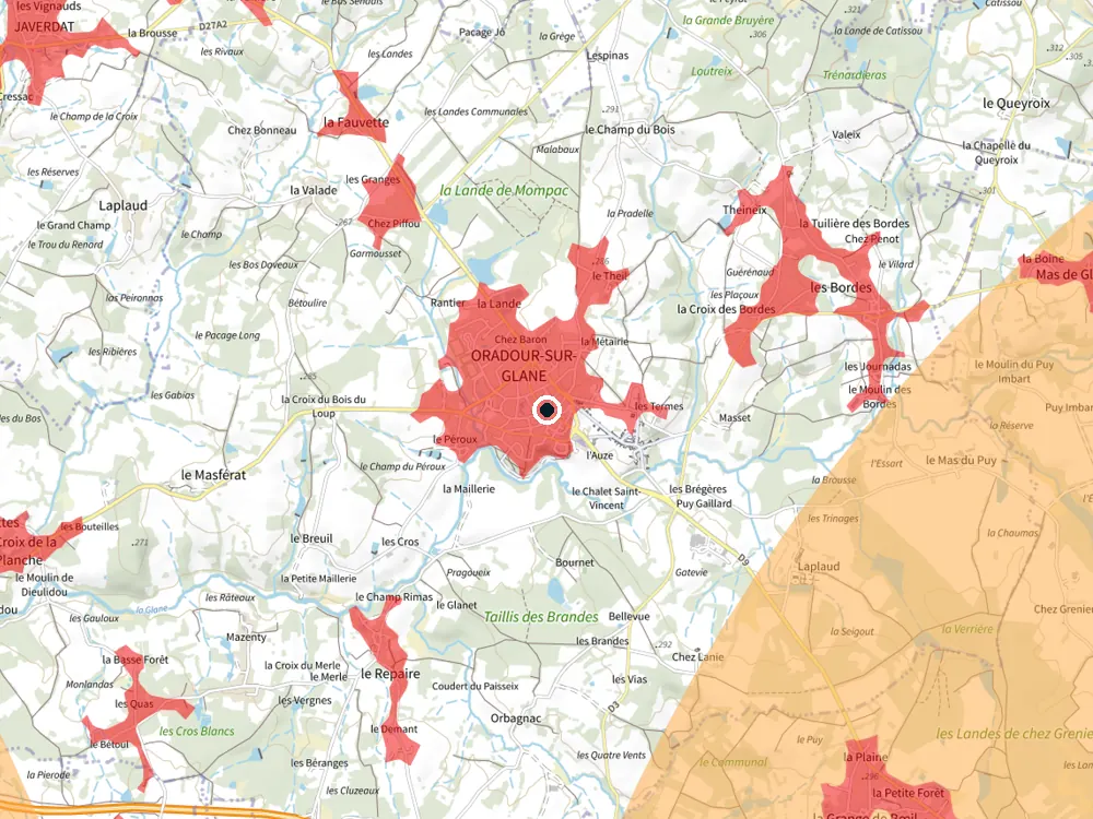 Carte des restrictions de vol pour les drones autour de Oradour-sur-Glane