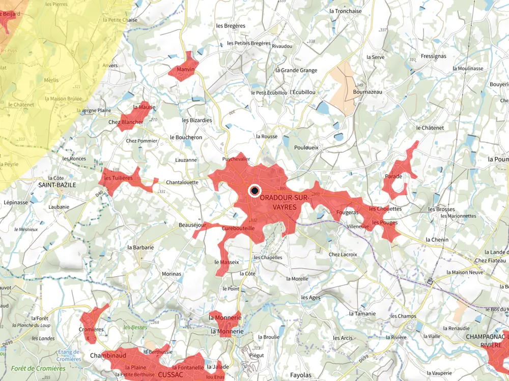 Carte des restrictions de vol pour les drones autour de Oradour-sur-Vayres