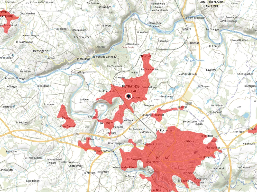 Carte des restrictions de vol pour les drones autour de Peyrat-de-Bellac