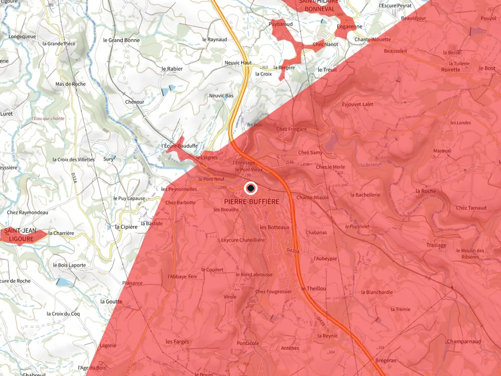 Carte des restrictions de vol pour les drones autour de Pierre-Buffière